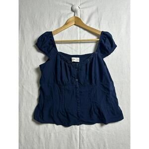 Hollister Square Neck Puff Sleeve Button Front Top XL Navy Cotton